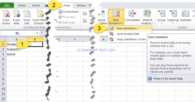 Screenshot of Excel spreadsheet showing how to add Data Validation