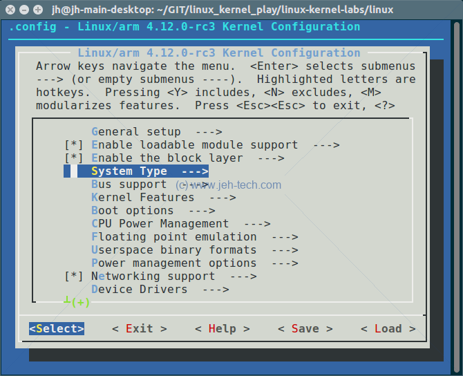 Screen shot of kernel configuraton tool menuconfig
