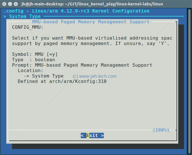 Screen shot of kernel configuraton tool menuconfig