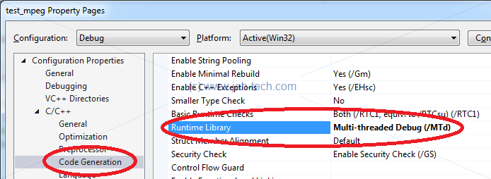 Screenshot of MSVC++ 2015 project properties and where to find the Runtime Library settings