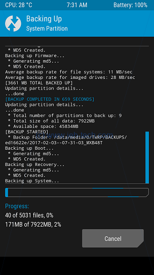 Screenshot of TRWP recovery backup progress screen